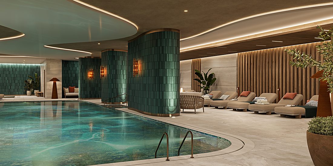 The indoor pool, green tiled columns