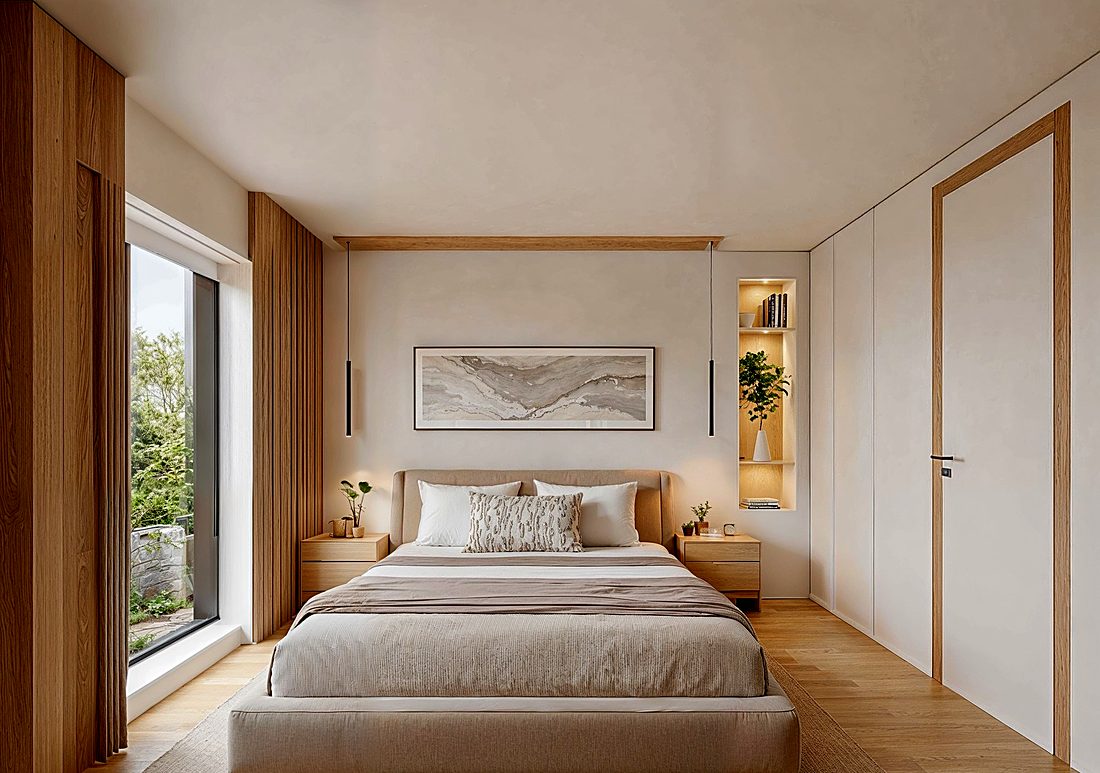 A bedroom, timber wardrobe wall and a window to one side