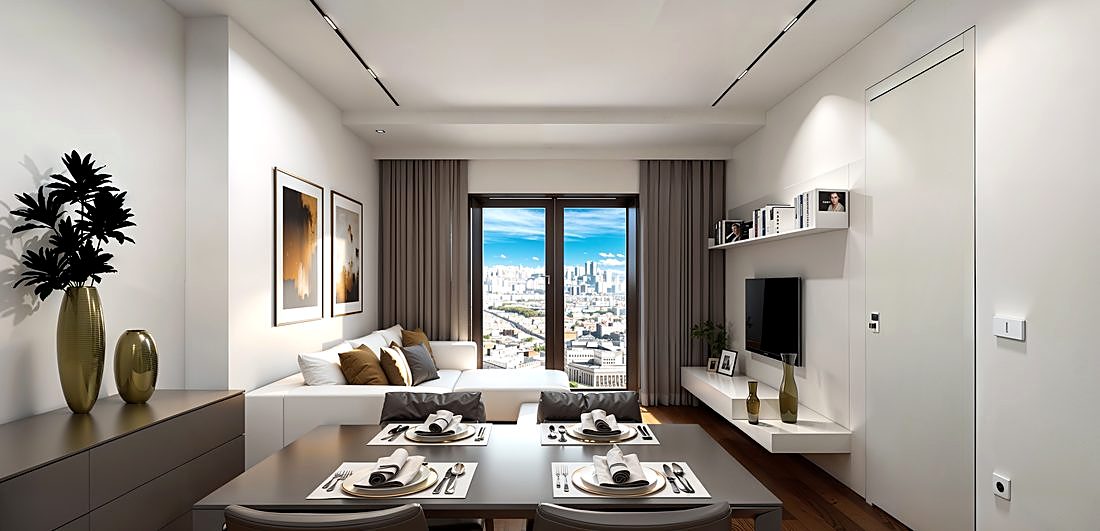 Living and dining, a window onto the city behind