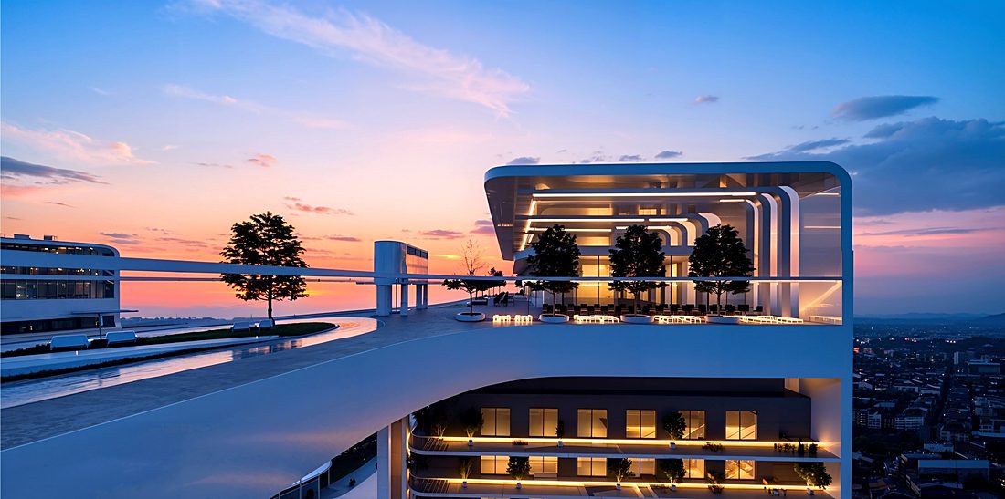 A roof terrace at dusk, trees and a reflecting pool along its edge
