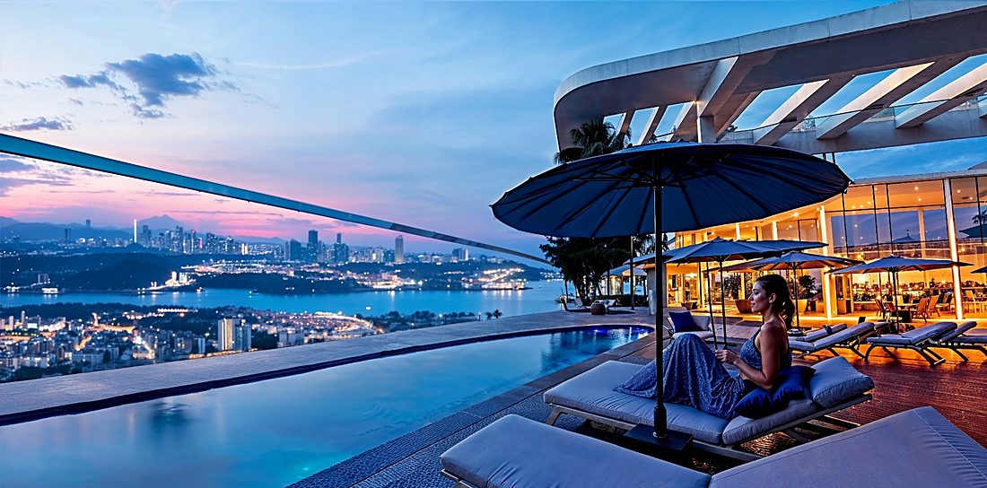 A rooftop pool at dusk, the Bosphorus bridge lit in the distance