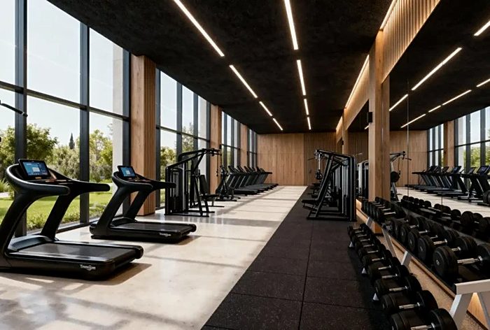 A long fitness floor, machines in a row along a fully glazed wall onto trees